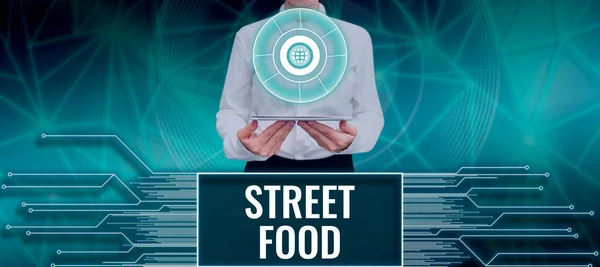 テキストを表示する文字列ストリートフード 通りや他の公共の場所でベンダーによって販売されるビジネスアプローチ調理食品を書く — ストック写真