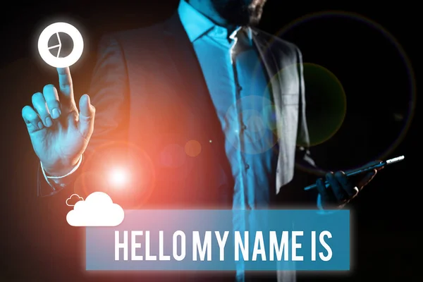 Handschriftteken Hello Name Bedrijfsoverzicht Jezelf Introduceren Aan Nieuwe Mensen Werknemers — Stockfoto
