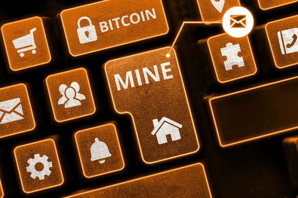 Text Bildtext Presenterar Bitcoin Mine Business Showcase Behandling Förvärv Och — Stockfoto