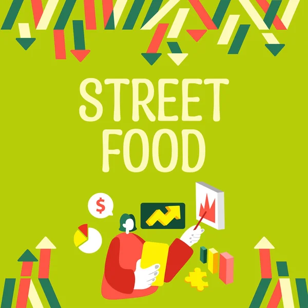 Hand Writing Sign Street Food Business Showcase Cooked Food Sold — Stock Photo, Image