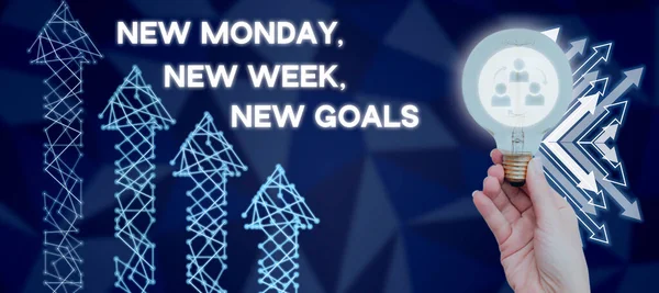 新しい月曜日 新しい週 新しい目標 ビジネスアイデア別れ週末を示すテキストサイン新しい目標目標を開始 — ストック写真