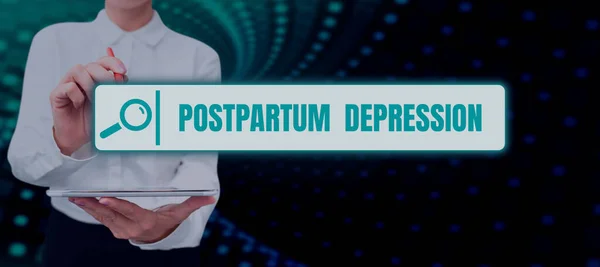 Writing displaying text Postpartum Depression, Concept meaning a mood disorder involving intense depression after giving birth