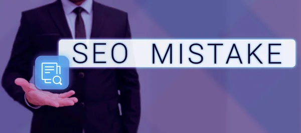 显示搜索引擎中错误或不正确的文本的写作 Seo Mistake Business Overview Action或Judgment — 图库照片