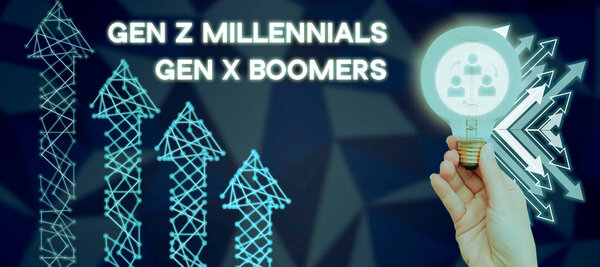 Writing displaying text Gen Z Millennials Gen X Boomers, Word Written on Generational differences