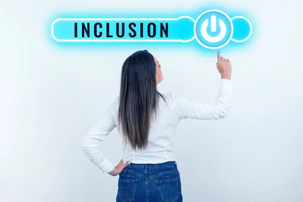 Znak Ręcznego Pisania Inclusion Concept Oznacza Stan Działania Łącznie Włączeniem — Zdjęcie stockowe