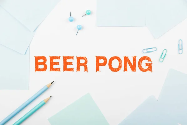 Conceptual caption Beer Pong, Business overview a game with a set of beer-containing cups and bouncing or tossing a Ping-Pong ball