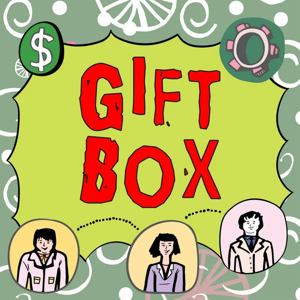 Podpis Tekstowy Prezentujący Gift Box Internet Concept Mały Pojemnik Monety — Zdjęcie stockowe