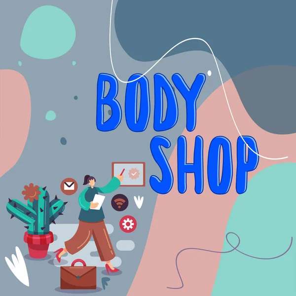 Text caption presenting Body Shop, Concept meaning a shop where automotive bodies are made or repaired