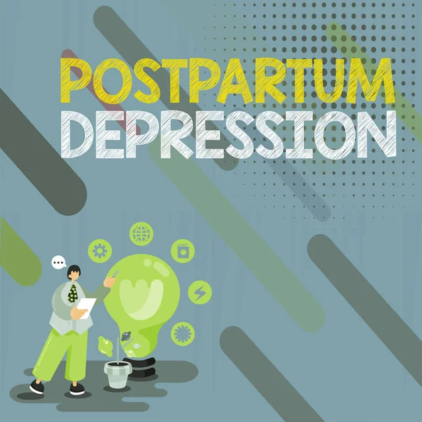 Text showing inspiration Postpartum Depression, Internet Concept a mood disorder involving intense depression after giving birth