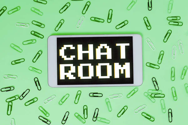 Hand writing sign Chat Room, Business overview area on the Internet or computer network where users communicate
