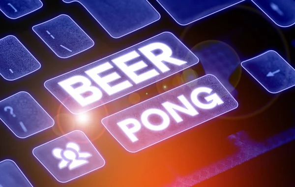 Text sign showing Beer Pong, Word Written on a game with a set of beer-containing cups and bouncing or tossing a Ping-Pong ball