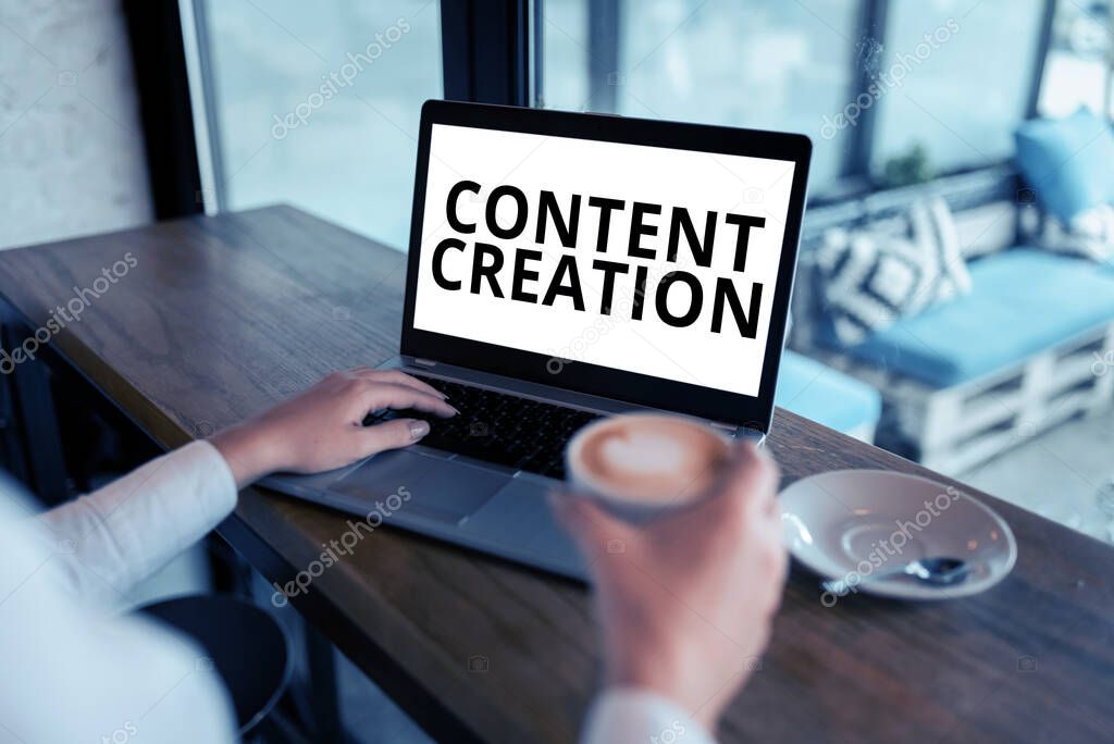 Text caption presenting Content Creation, Business showcase contribution of information to any digital media