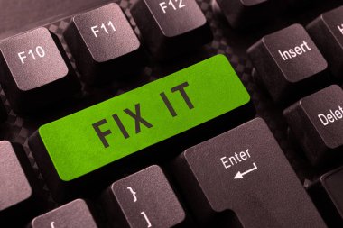 Metin gösterimi yazılıyor. İş konsepti. Bir şeyi tamir etmek için belirli bir yer veya konumda sıkıca bağlayın.