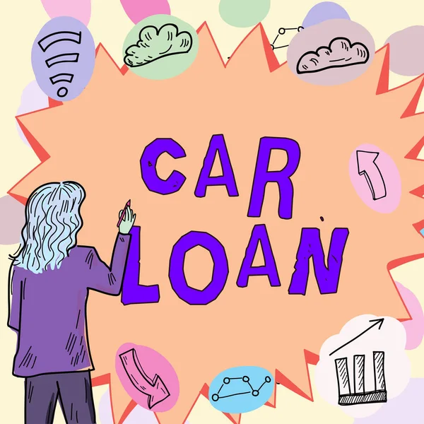 新しい車を購入するために大きな関心を持つ銀行からお金を取ることを意味する概念車ローンを表示する記号 — ストック写真