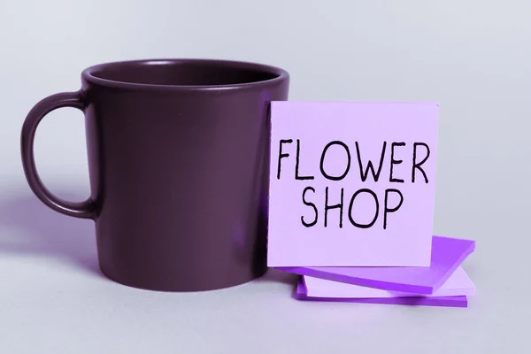 Text caption presenting Flower Shop, Business approach where cut flowers are sold with decorations for gifts