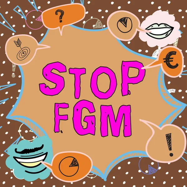 Inspiracja Pokazująca Znak Stop Fgm Przegląd Działalności Połóż Kres Cięciu — Zdjęcie stockowe