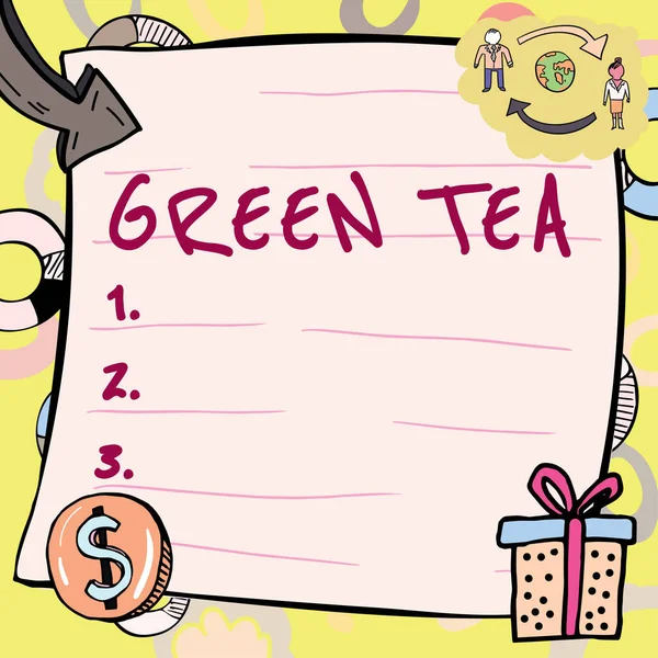 緑茶を示す文字記号 椿の葉や芽から作られる茶のビジネスコンセプトタイプ — ストック写真