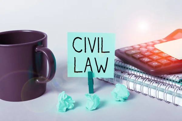 Writing displaying text Civil Law, Internet Concept Law concerned with private relations between members of community
