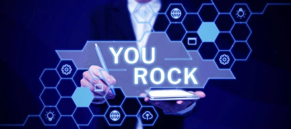 Szöveg Felirat Bemutató You Rock Üzleti Áttekintés Szleng Kifejezés Dicséret — Stock Fotó