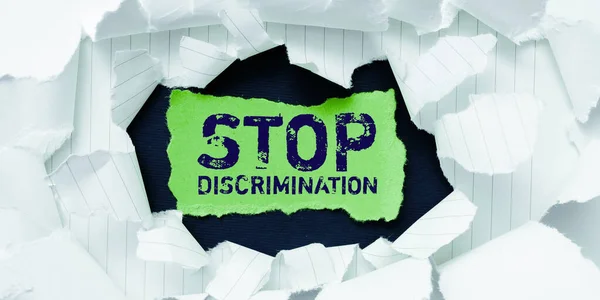 Texto Que Muestra Inspiración Stop Discrimination Word Written Prevent Illegal — Foto de Stock