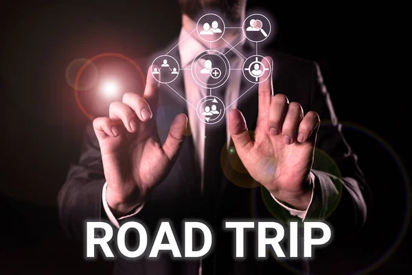 stock image Text caption presenting Road Trip, Word Written on Roaming around places with no definite or exact target location