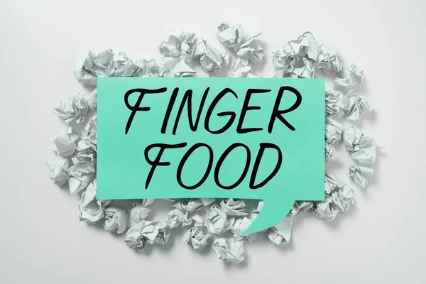 Legenda Conceitual Finger Food Business Idea Products Digestives Held Fingers — Fotografia de Stock