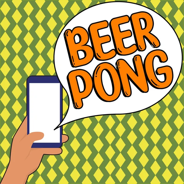 Text caption presenting Beer Pong, Concept meaning a game with a set of beer-containing cups and bouncing or tossing a Ping-Pong ball