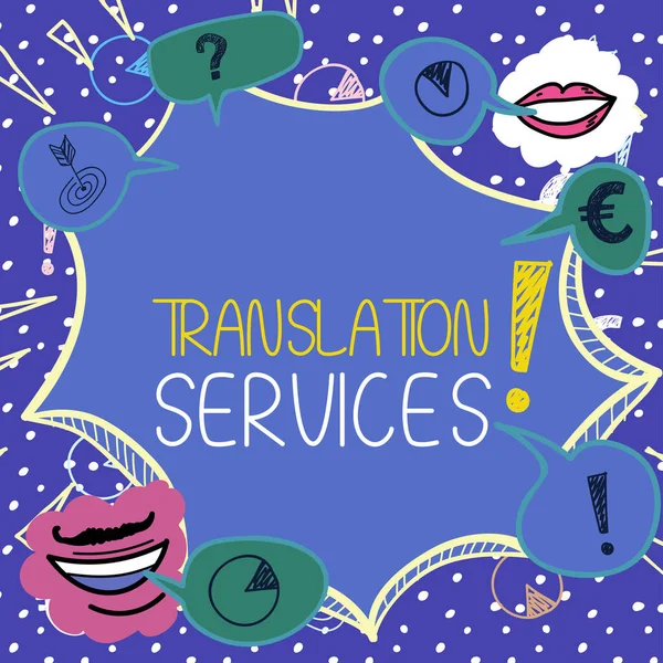 显示翻译服务的文字标志 提供人员翻译语音的商业机构 — 图库照片