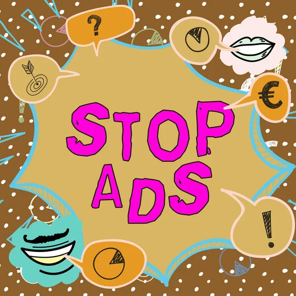 停止広告を提示するテキストキャプション Webからさまざまな種類の広告を削除するプログラムに書かれた言葉 — ストック写真