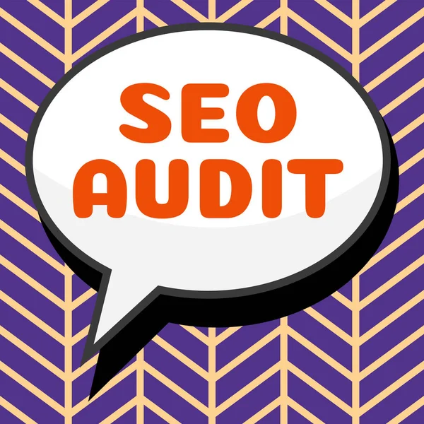 Bildunterschrift Präsentation Von Seo Audit Konzept Suchmaschinenoptimierung Validierungs Und Verifizierungsprozess — Stockfoto