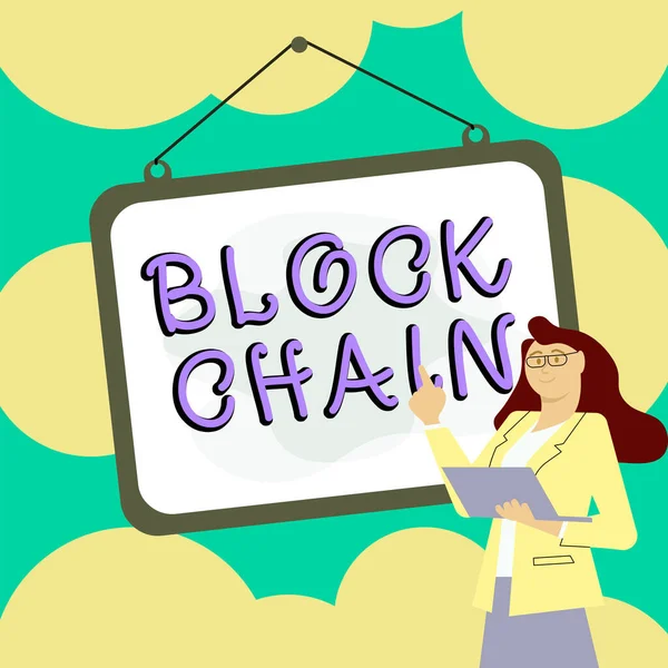 Sinal Exibindo Block Chain Sistema Ideia Negócios Que Registro Transações — Fotografia de Stock