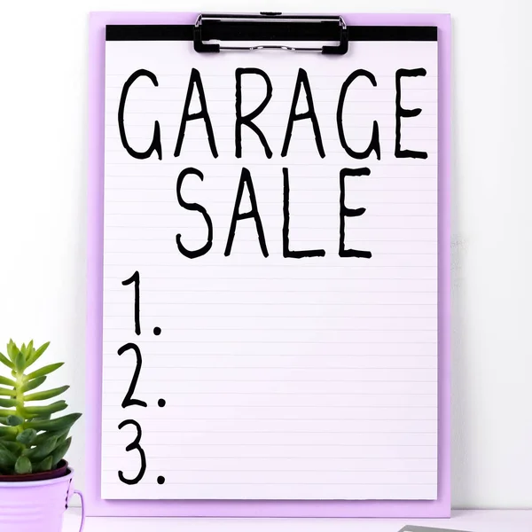 Text caption presenting Garage Sale, Business approach sale of miscellaneous household goods often held in the garage