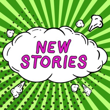 Yeni Hikayeleri sunan metin başlığı, iş konsepti hayali ya da gerçek insanlar ve eğlence için anlatılan olaylar