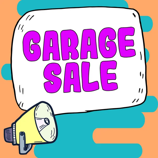 Conceptual display Garage Sale, Business showcase sale of miscellaneous household goods often held in the garage