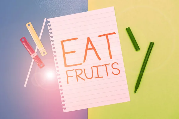 Señal Mostrando Comer Frutas Palabra Para Consumir Cualquier Producto Crecimiento — Foto de Stock