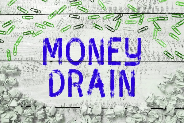 Hand writing sign Money Drain, Word for To waste or squander money Spend money foolishly or carelessly