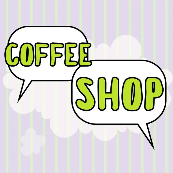 概念展示咖啡店 关于提供咖啡和小食的非正式小餐馆的文字 — 图库照片