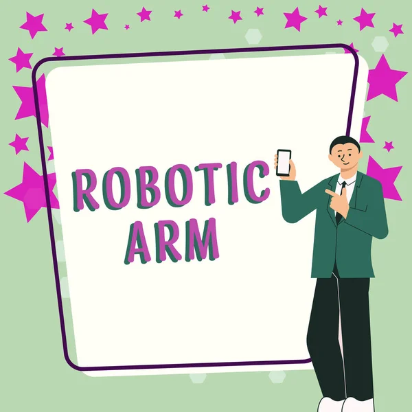 描述机器人臂的文字标题 写在具有类似人类手臂功能的可编程机械臂上的文字 — 图库照片