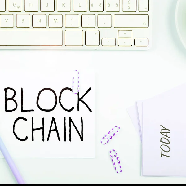 Conceptual caption Block Chain, Business concept system in which a record of transactions made in bitcoin