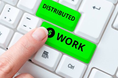 İlham verici Dağıtılmış Çalışmaları gösteren metin, ağ tesisleri kullanan şirketler tarafından uygulanan kavramsal fotoğraf