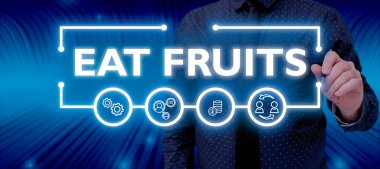 Ye Meyvelerini gösteren metin işareti, insanlar ya da hayvanlar için faydalı olan bitki yetiştirme ürünlerini tüketme sözcüğü