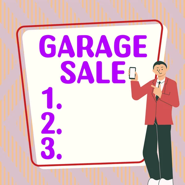 Text sign showing Garage Sale, Business approach sale of miscellaneous household goods often held in the garage