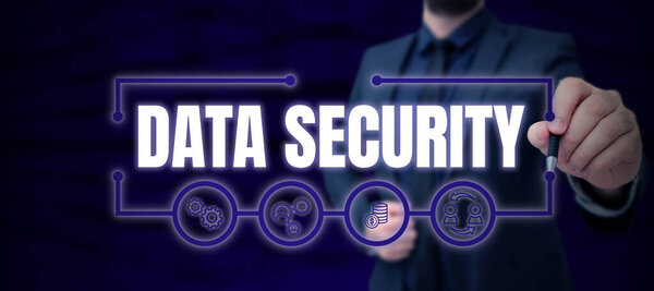 Conceptual display Data Security, Business concept Confidentiality Disk Encryption Backups Password Shielding