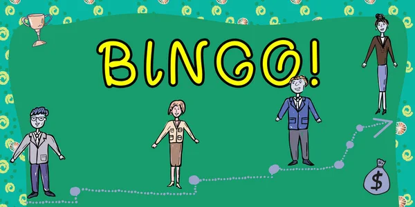 Zeichen Mit Bingo Geschäftsidee Glücksspiel Dem Jeder Spieler Zahlen Übereinstimmt — Stockfoto