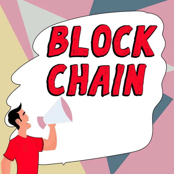 Ręczne Pisanie Znaku Block Chain Concept Znaczenie Systemu Którym Zapis — Zdjęcie stockowe