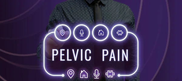 Text caption presenting Pelvic Pain, Concept meaning Pain perceived in the area of the lower part of the abdomen