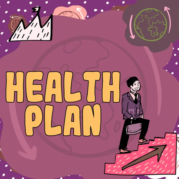 显示健康计划的文字标志 关于向其成员提供医疗服务的任何策略的文字 — 图库照片