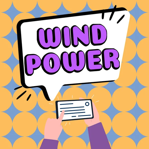 文字显示了风力发电的灵感 商业概览使用气流提供机械动力来转动发电机 — 图库照片