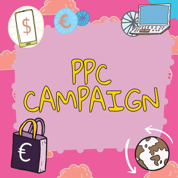 介绍Ppc运动的文字说明 商业概览使用Ppc来推广他们的产品和服务 — 图库照片