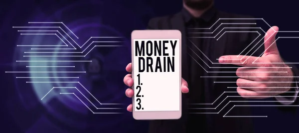 Text caption presenting Money Drain, Concept meaning To waste or squander money Spend money foolishly or carelessly